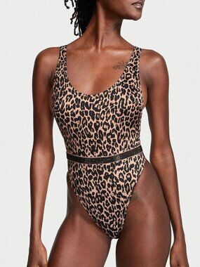Victoria's Secret Shine Strap Plunge One-piece Swimsuit Side Boob Leopard Medium